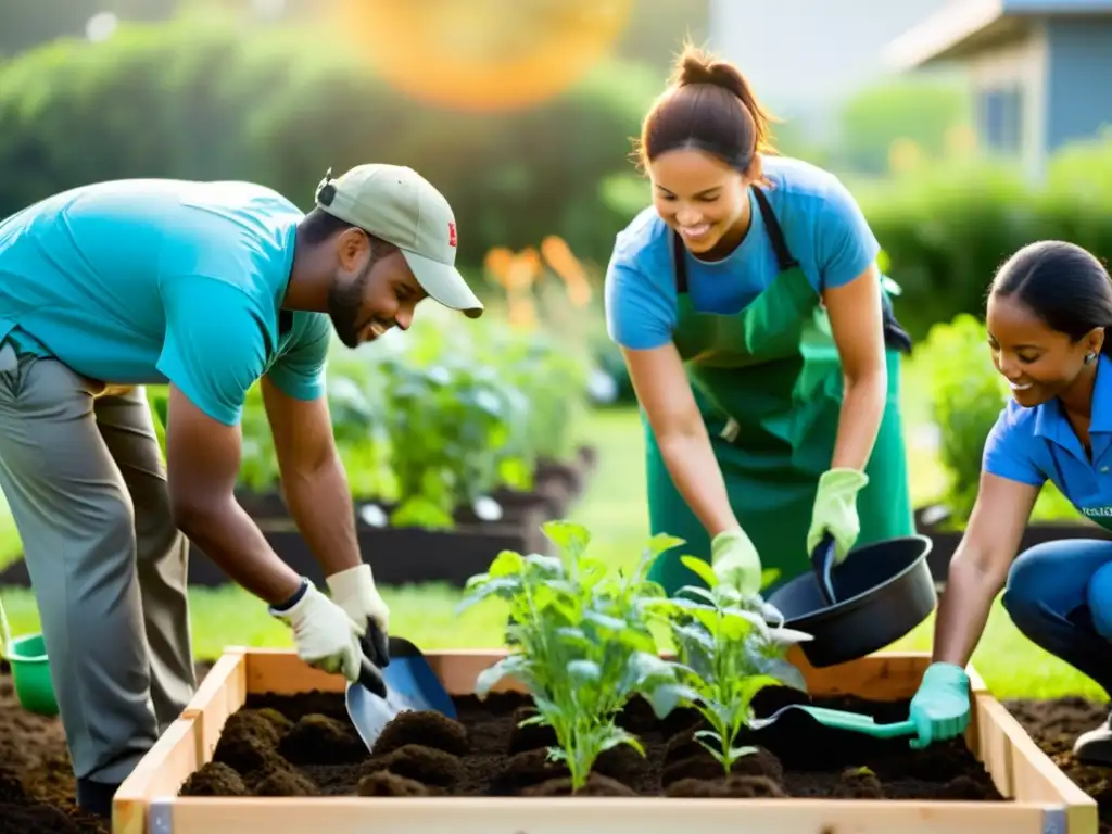 Un grupo de voluntarios corporativos y miembros de la comunidad construyen un jardín sostenible para una ONG