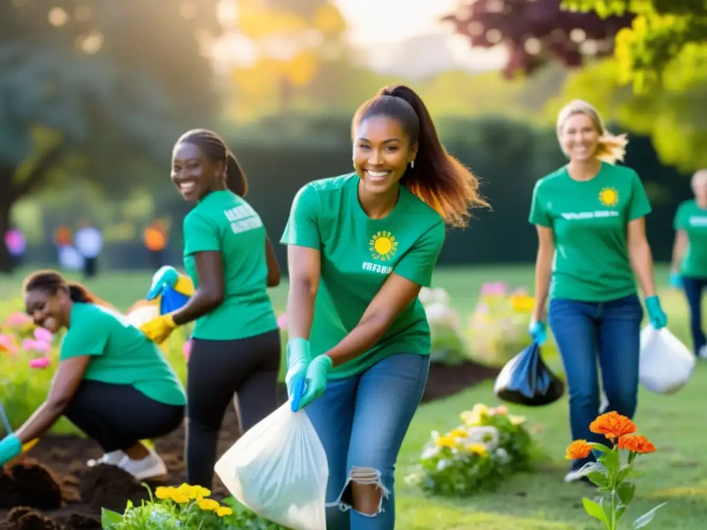 Un grupo de voluntarios corporativos trabaja unidos para limpiar un parque local al atardecer, evocando la integración del voluntariado corporativo