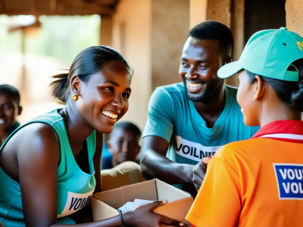 Un grupo de voluntarios dedicados distribuyendo ayuda a una comunidad necesitada, maximizando recursos en ONGs con impacto tangible