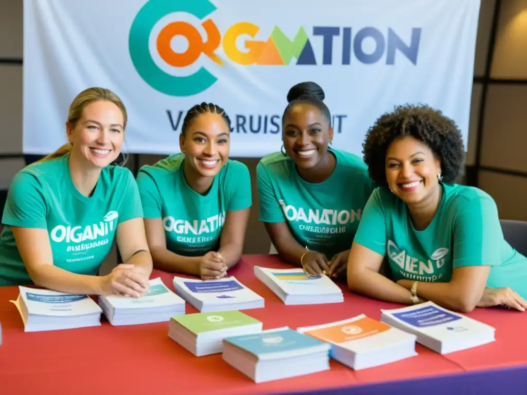 Un grupo de voluntarios diverso se reúne alrededor de una mesa llena de folletos y formularios de donación