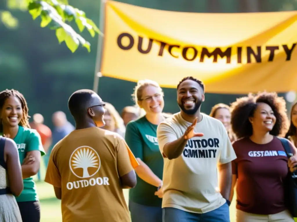 Un grupo de voluntarios diversos se reúne al aire libre en un evento comunitario, escuchando apasionadamente a un orador