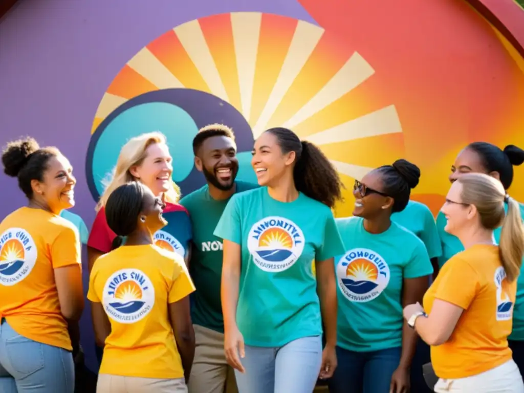 Un grupo de voluntarios diversos y apasionados, usando camisetas brillantes con el logo de la ONG, se reúnen en círculo, riendo y discutiendo sus planes para un proyecto comunitario