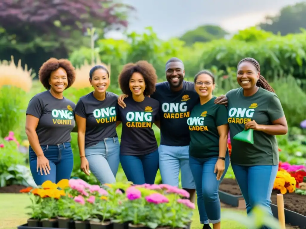 Un grupo de voluntarios diversos en camisetas de ONG, sonrientes y trabajando juntos para construir un jardín sostenible en una comunidad local