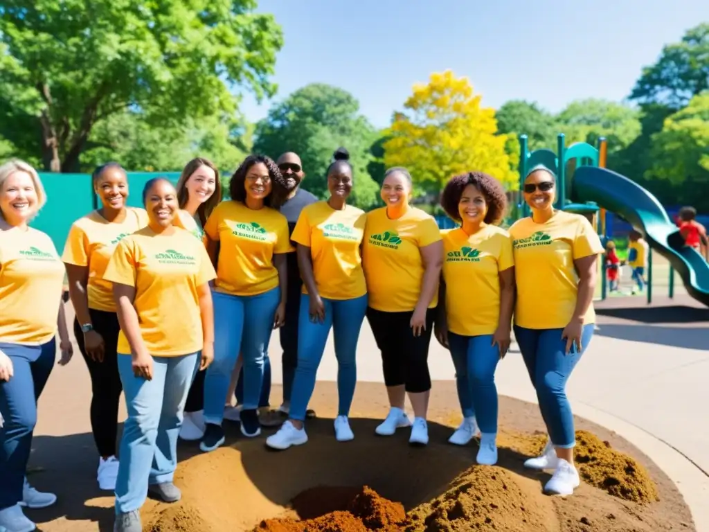 Un grupo de voluntarios diversos, con camisetas a juego, realizando un proyecto de limpieza comunitaria en un parque local