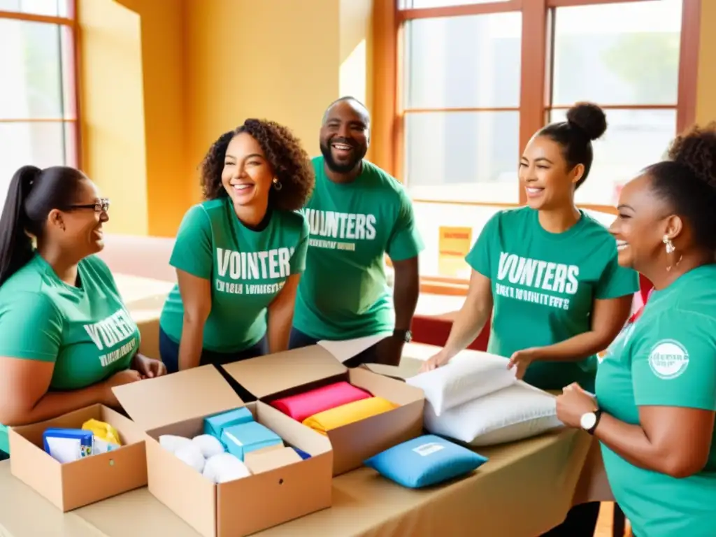 Un grupo de voluntarios diversos se reúne con entusiasmo, preparando suministros para un evento de alcance comunitario