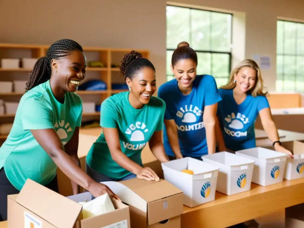 Un grupo de voluntarios de una ONG ordena donaciones con alegría