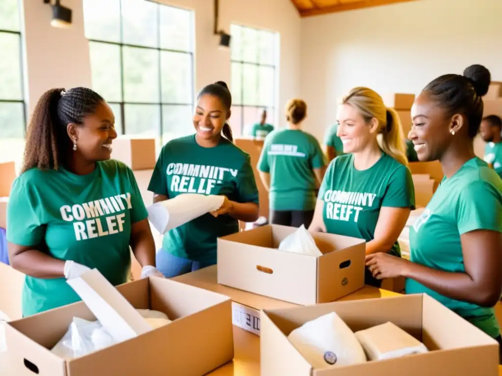 Un grupo de voluntarios ordena donaciones en un centro comunitario para la gestión de voluntarios en ONGs, mostrando solidaridad y determinación