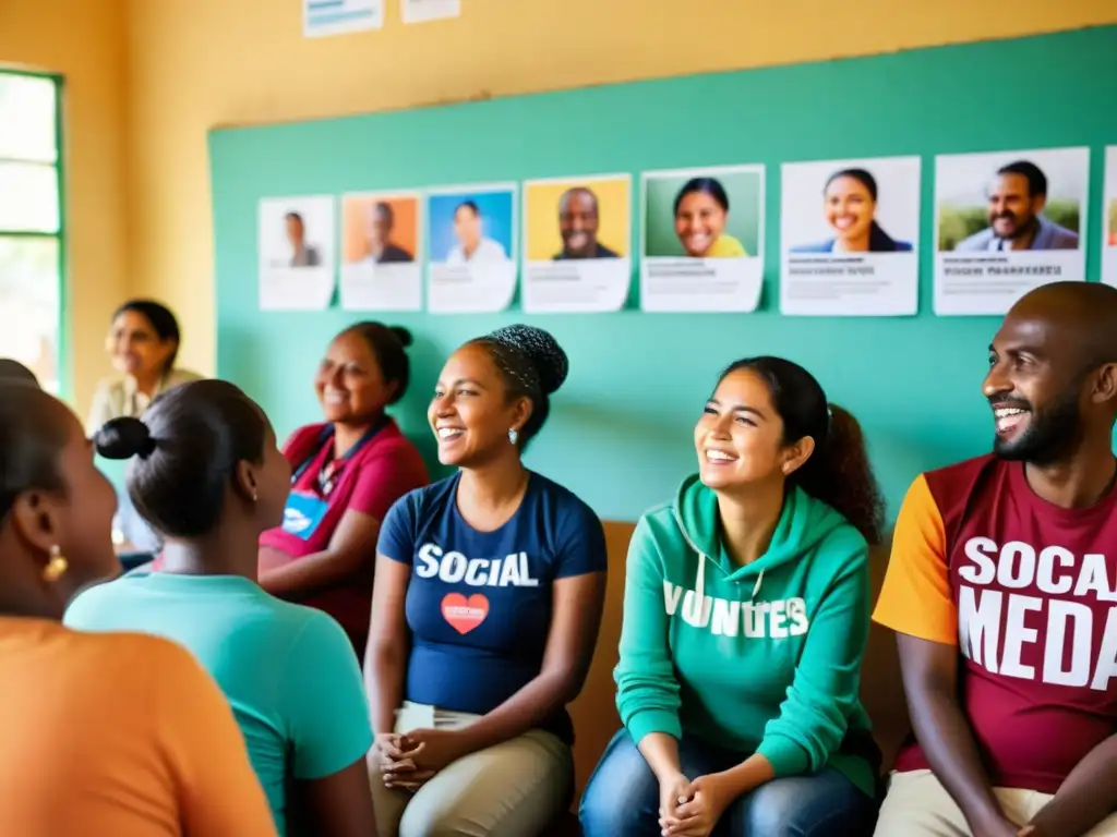 Un grupo de voluntarios y donantes se reúnen en un centro comunitario, discutiendo el impacto de las redes sociales en la captación de donaciones para ONGs, en un ambiente cálido y esperanzador