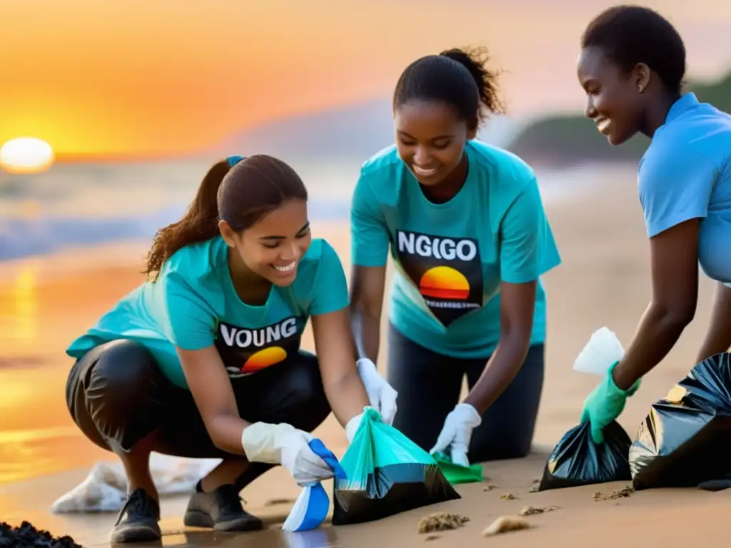 Un grupo de voluntarios de diferentes edades y orígenes limpiando una playa al atardecer, con bolsas de basura y el hashtag #LimpiemosNuestroMundo