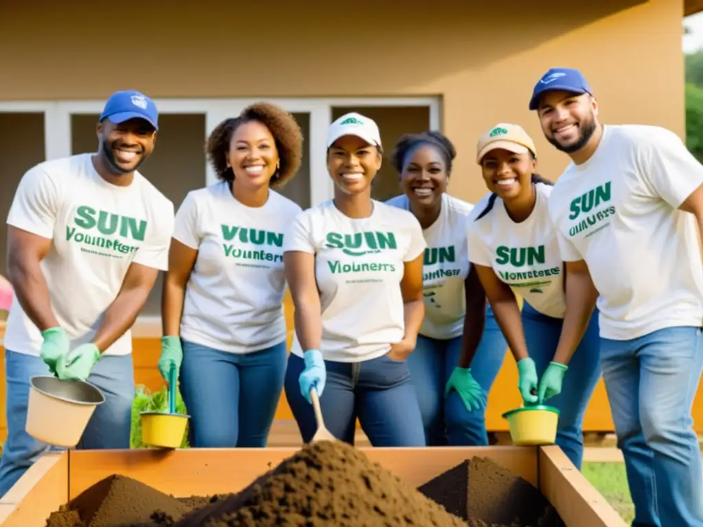 Un grupo de voluntarios trabaja con entusiasmo renovando un centro comunitario al atardecer, mostrando el impacto del trabajo voluntario en ONGs