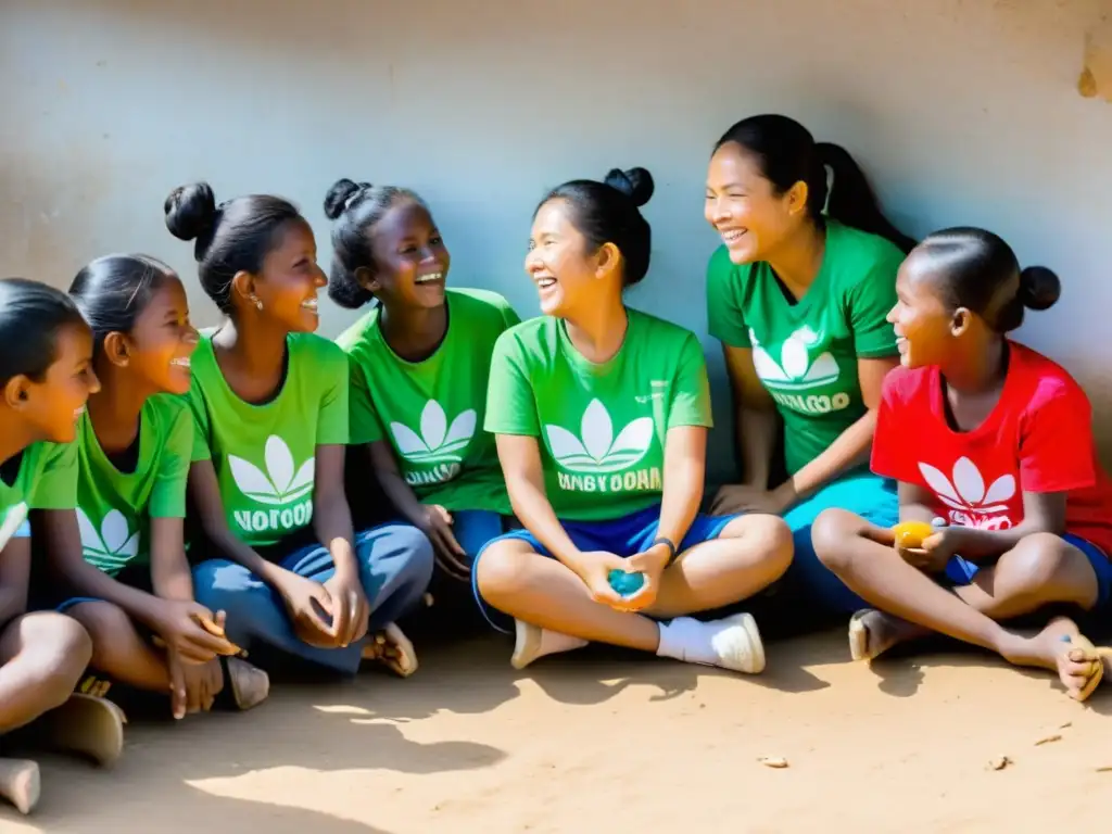 Un grupo de voluntarios entusiastas usando apps educativas para ONGs enseñan alegremente a niños en una aldea rural