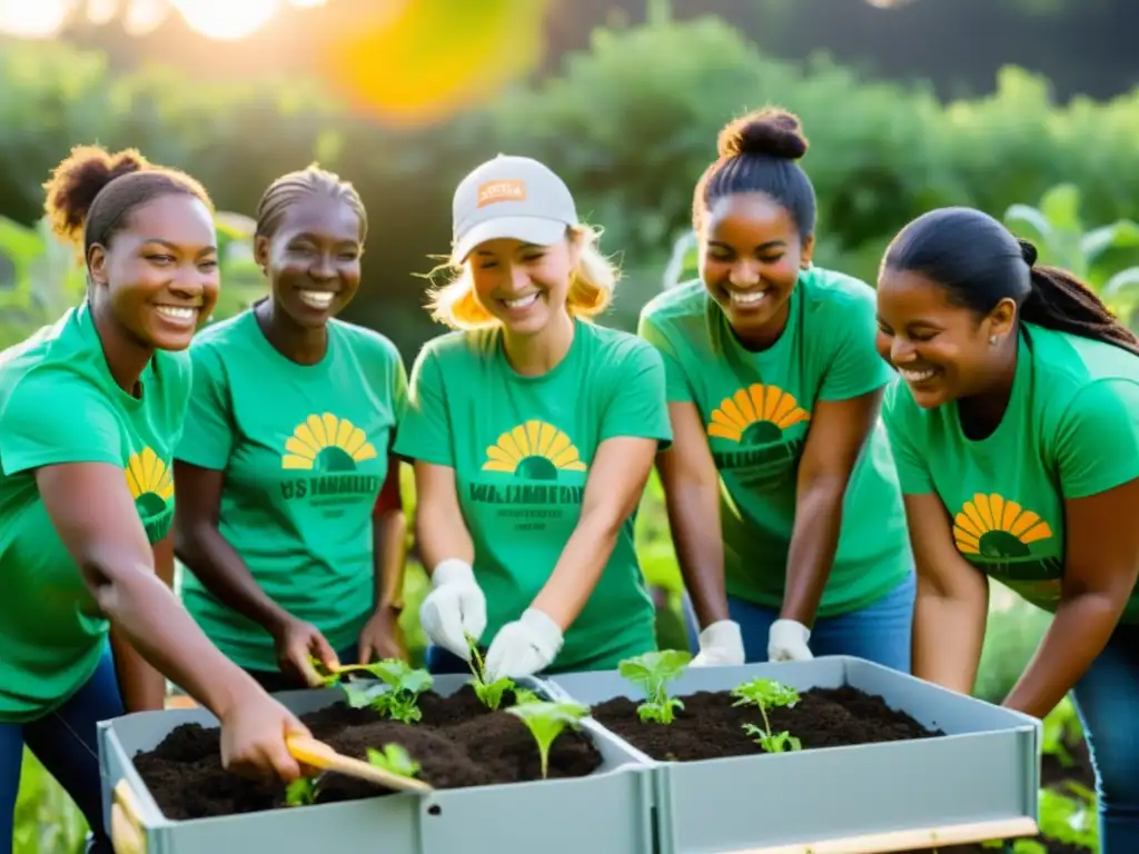 Grupo de voluntarios entusiastas construyendo jardín sostenible en comunidad local al atardecer, Elaboración informes proyectos ONG inspiradores