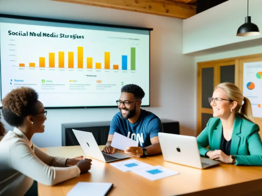 Un grupo de voluntarios discute estrategias de marketing digital para ONGs sin fines de lucro, mostrando dedicación y trabajo en equipo