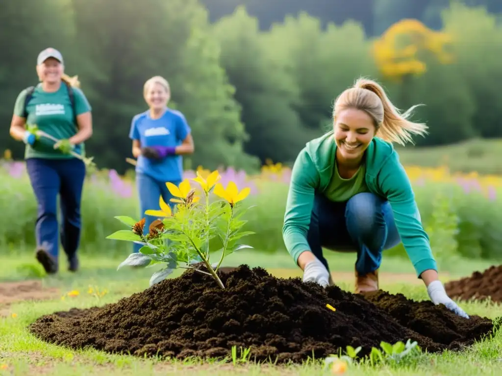 Un grupo de voluntarios planta un exuberante bosque verde, reduciendo la huella de carbono en eventos de ONG, rodeados de vida silvestre y esperanza