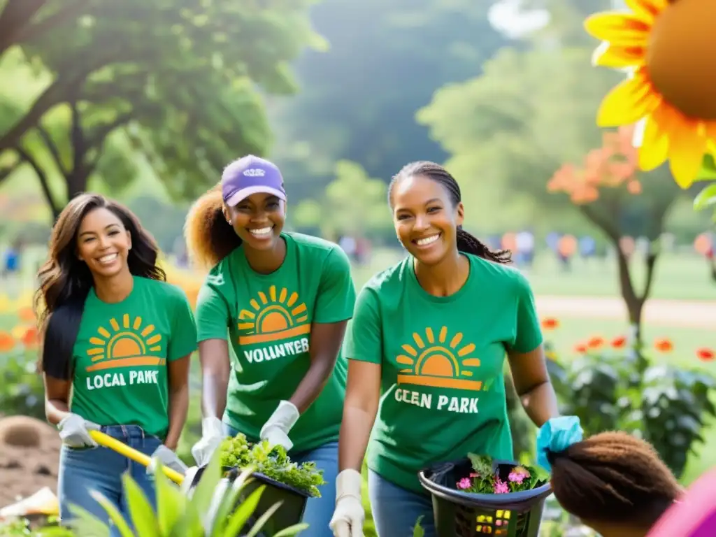 Grupo de voluntarios de una ONG limpiando y plantando flores en un parque local