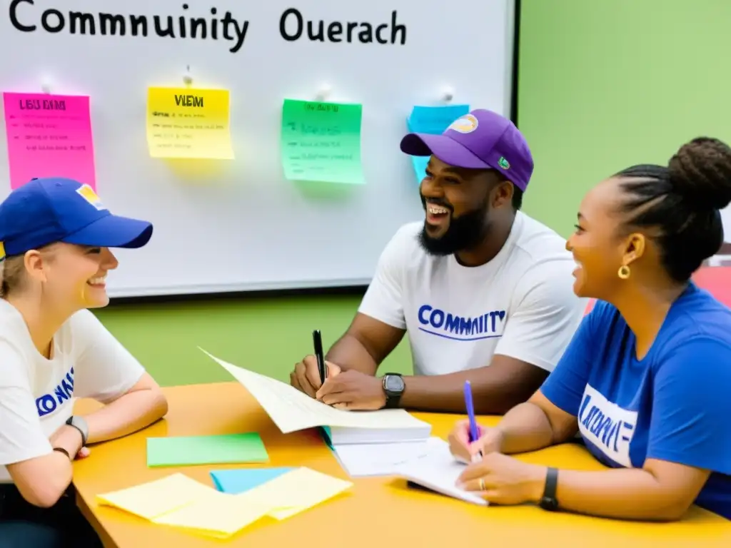 Un grupo de voluntarios en formación continua para ONG, entusiasmados debatiendo estrategias de alcance comunitario entre papeles y notas