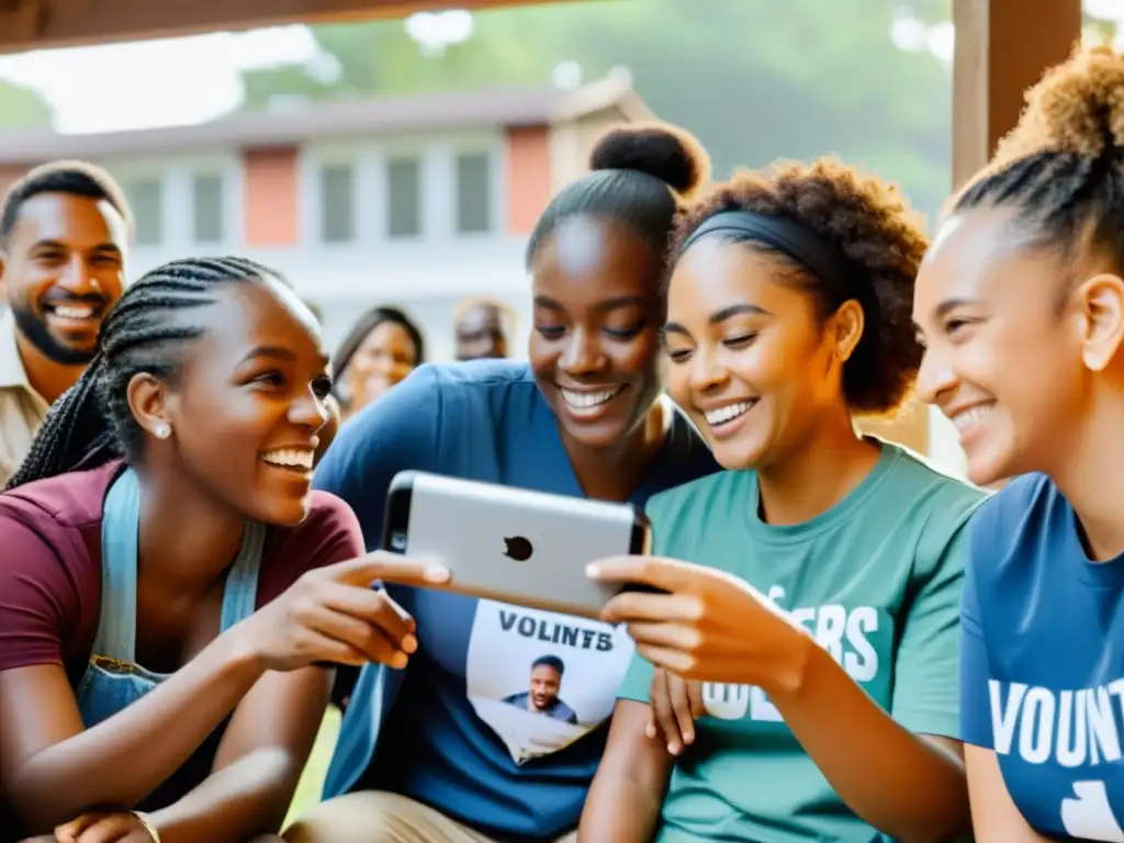 Un grupo de voluntarios comparte historias con una comunidad diversa, usando herramientas digitales para apoyar causas sociales