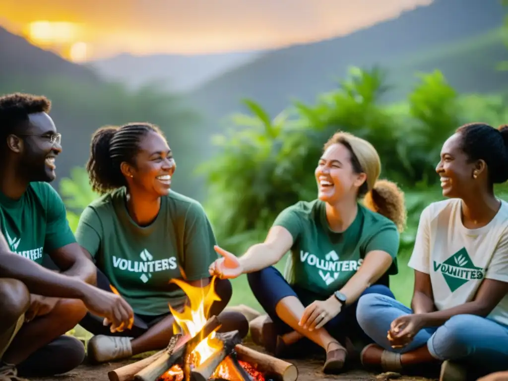 Grupo de voluntarios comparte historias alrededor de fogata en campamento, promoviendo el storytelling para ONGs en redes sociales