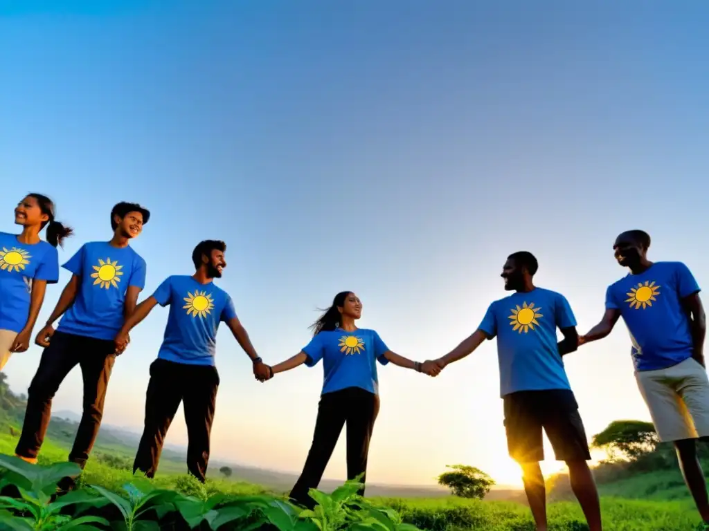 Un grupo de voluntarios de una ONG se unen, mirando al horizonte al atardecer, transmitiendo determinación y esperanza