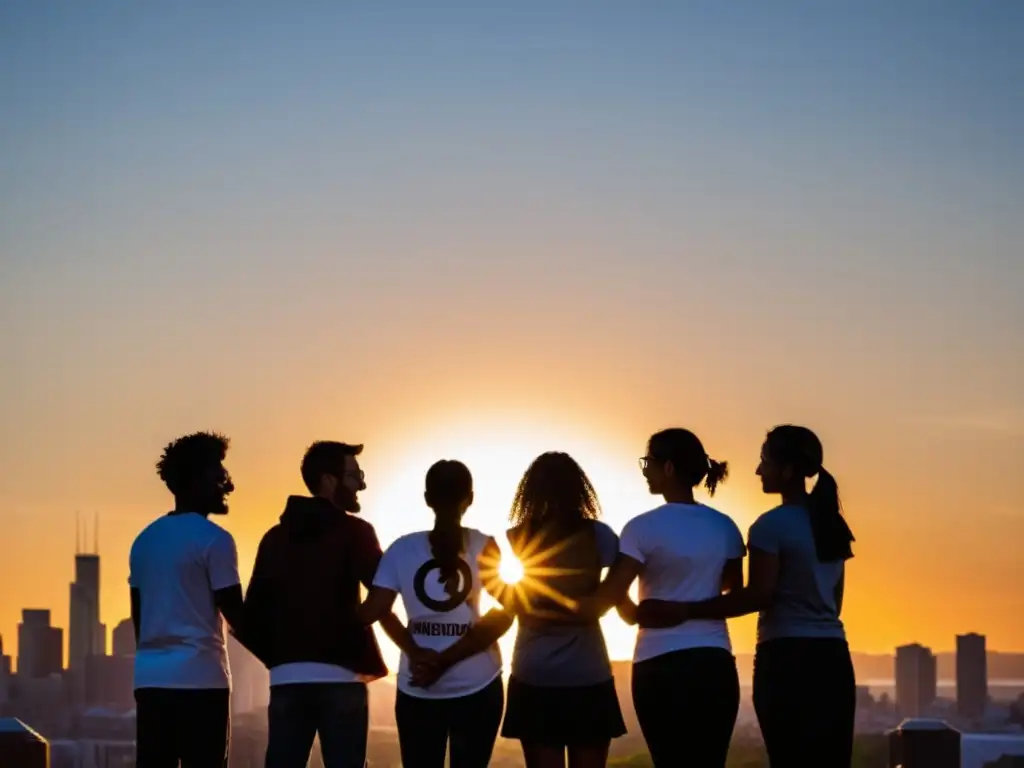 Grupo de voluntarios de ONG unidos, mirando al horizonte con determinación al atardecer, simbolizando la importancia de redes sociales ONG