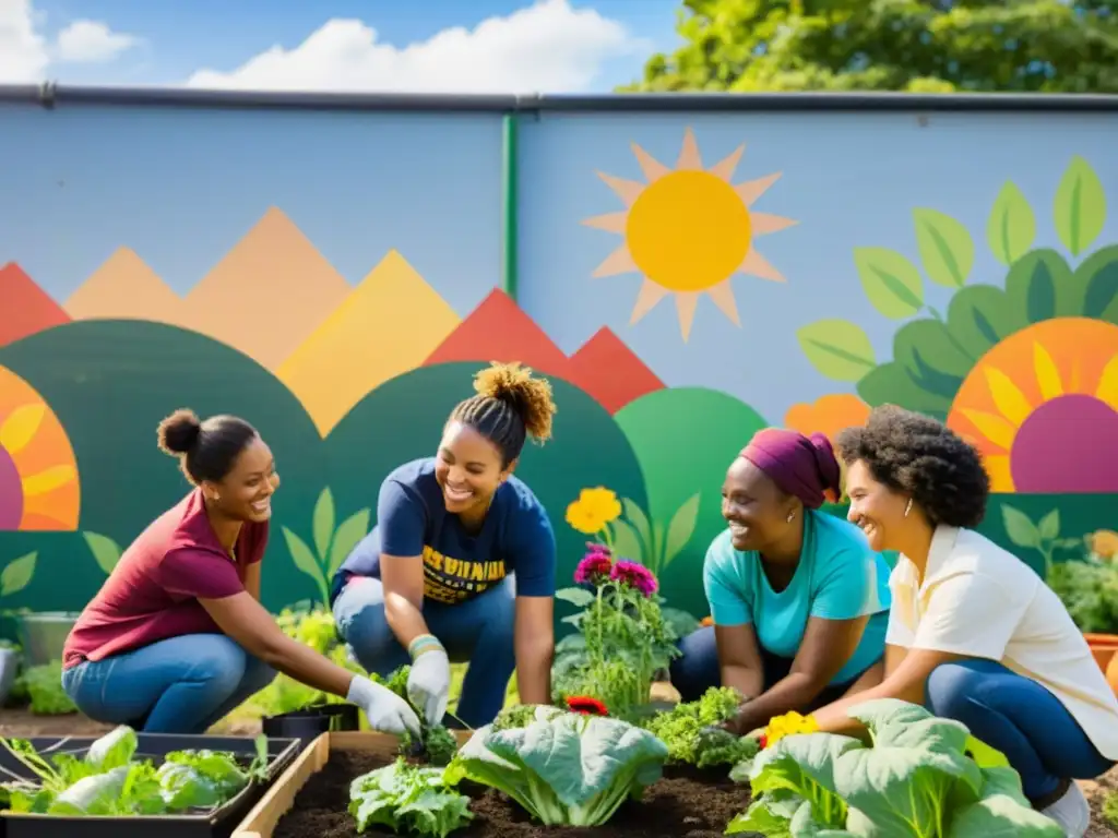 Un grupo de voluntarios diversos colaborando en un huerto comunitario, cultivando vegetales y flores