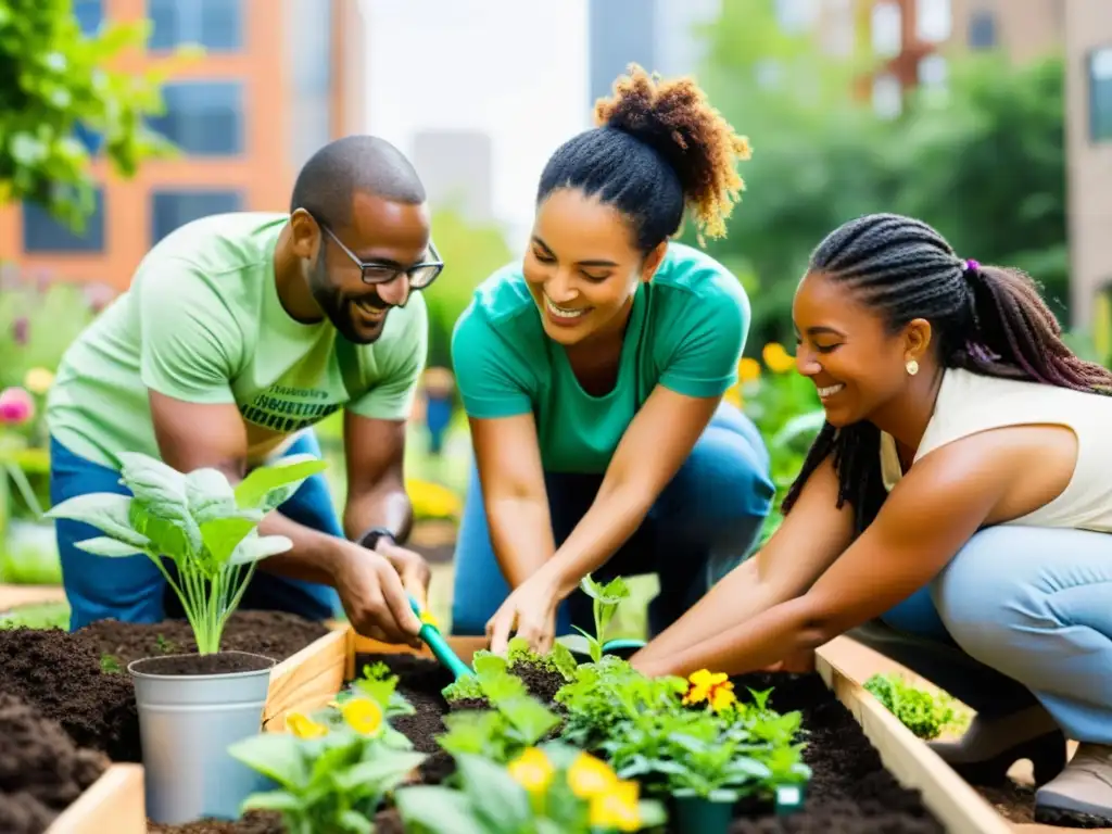 Grupo de voluntarios integrados en ONG construyendo jardín sostenible en comunidad urbana, con plantas vibrantes y flores coloridas