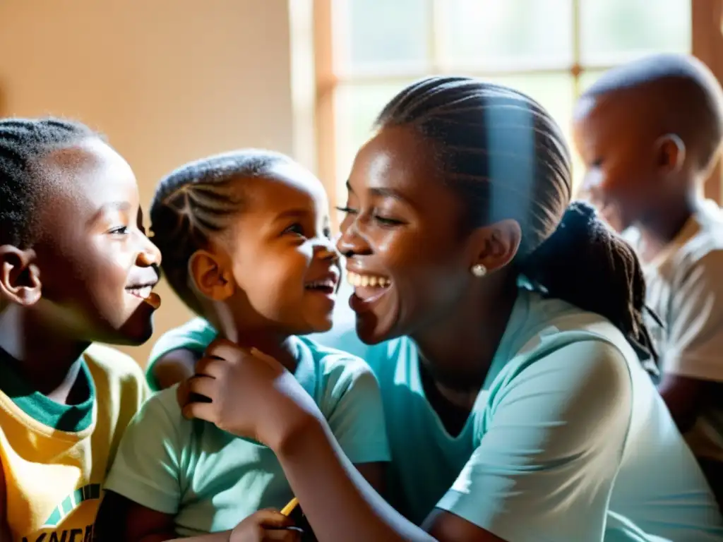 Un grupo de voluntarios interactúa con niños en un orfanato, creando conexión emocional a través del storytelling para ONGs