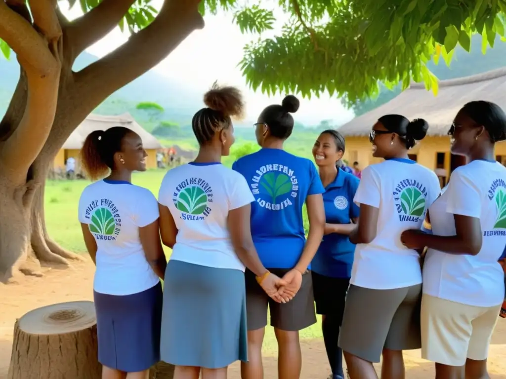 Un grupo de voluntarios internacionales y miembros de la comunidad colaboran en un proyecto bajo la sombra de un árbol en una aldea rural