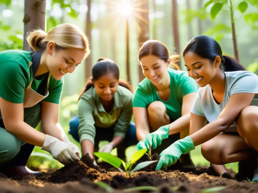 Un grupo de voluntarios cuida de jóvenes árboles en un frondoso bosque, promoviendo el desarrollo sostenible