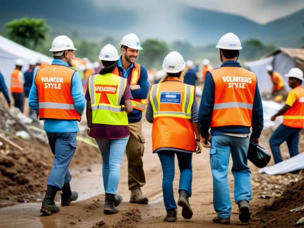 Un grupo de voluntarios trabajando juntos para brindar ayuda en una zona afectada por desastres, mostrando la verdadera dedicación y conexión humana