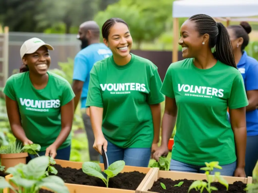 Un grupo de voluntarios diversos trabajando juntos para construir un jardín sostenible en una comunidad urbana