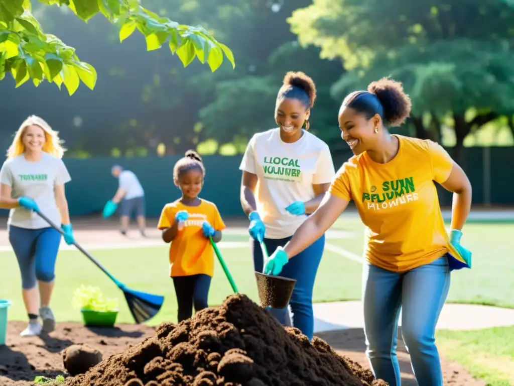 Un grupo de voluntarios diversos trabajando juntos para limpiar y embellecer un parque local, creando un impacto positivo en su comunidad