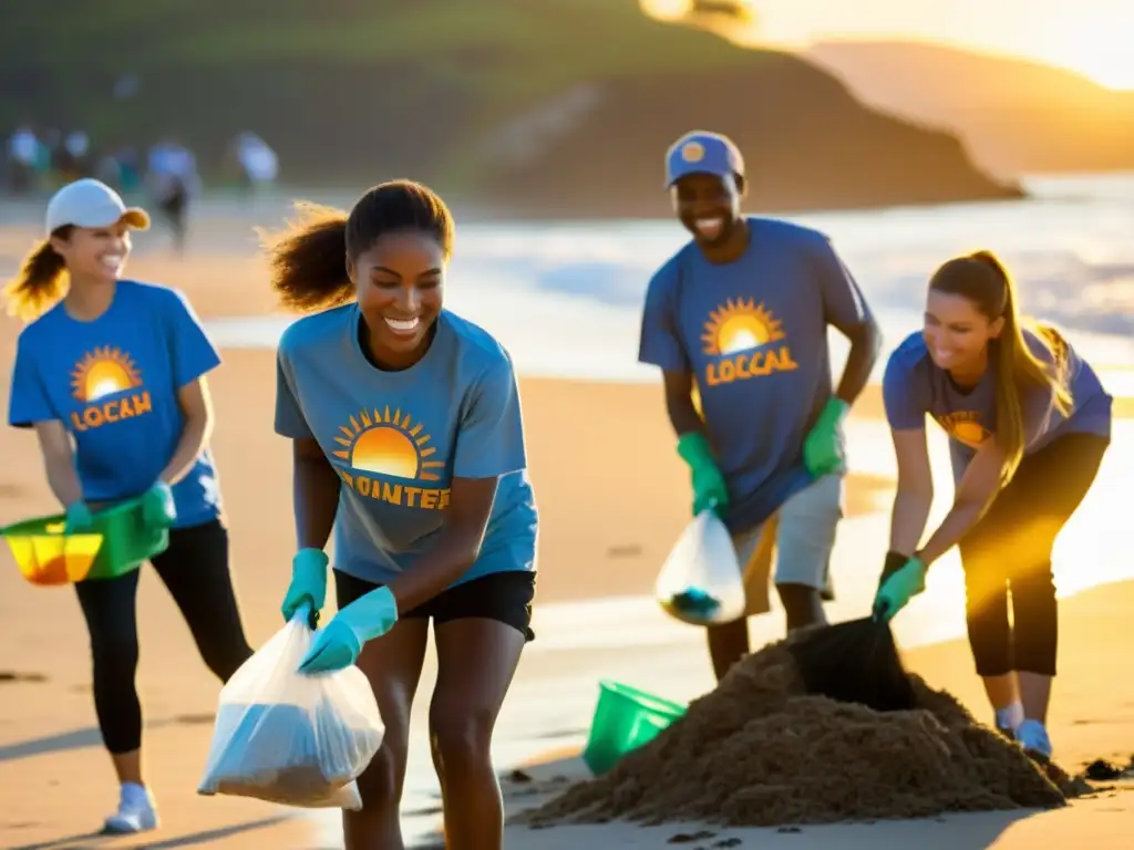 Grupo de voluntarios trabajando juntos para limpiar una playa al atardecer, proyectando determinación y pasión