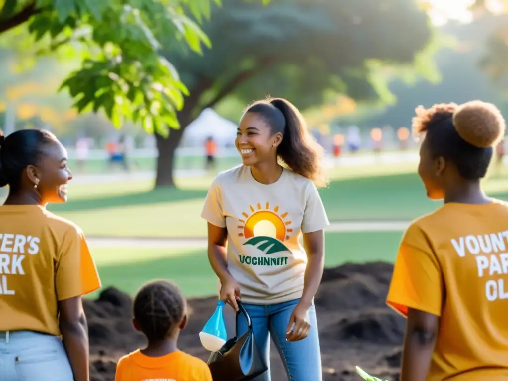 Un grupo de voluntarios de una ONG limpia un parque local al atardecer, construyendo confianza y reputación online