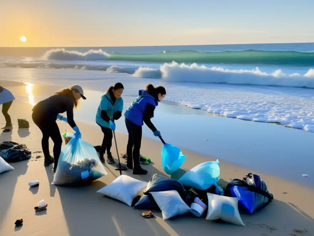 Un grupo de voluntarios limpia la playa al atardecer, mostrando responsabilidad ambiental y compromiso con ONG