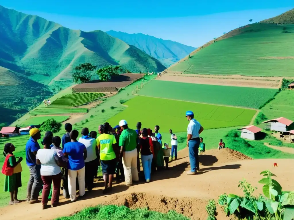 Un grupo de voluntarios y lugareños construyendo infraestructura turística sostenible en una comunidad rural