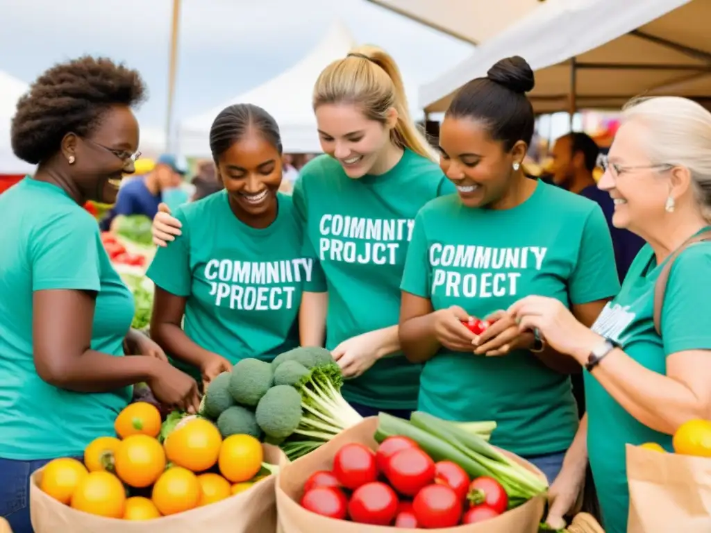 Un grupo de voluntarios se reúne en un mercado vibrante, trabajando juntos en un proyecto comunitario