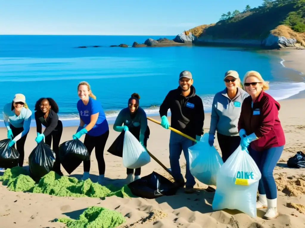 Un grupo de voluntarios y miembros de la comunidad limpiando una playa bajo un cielo azul brillante y un océano reluciente