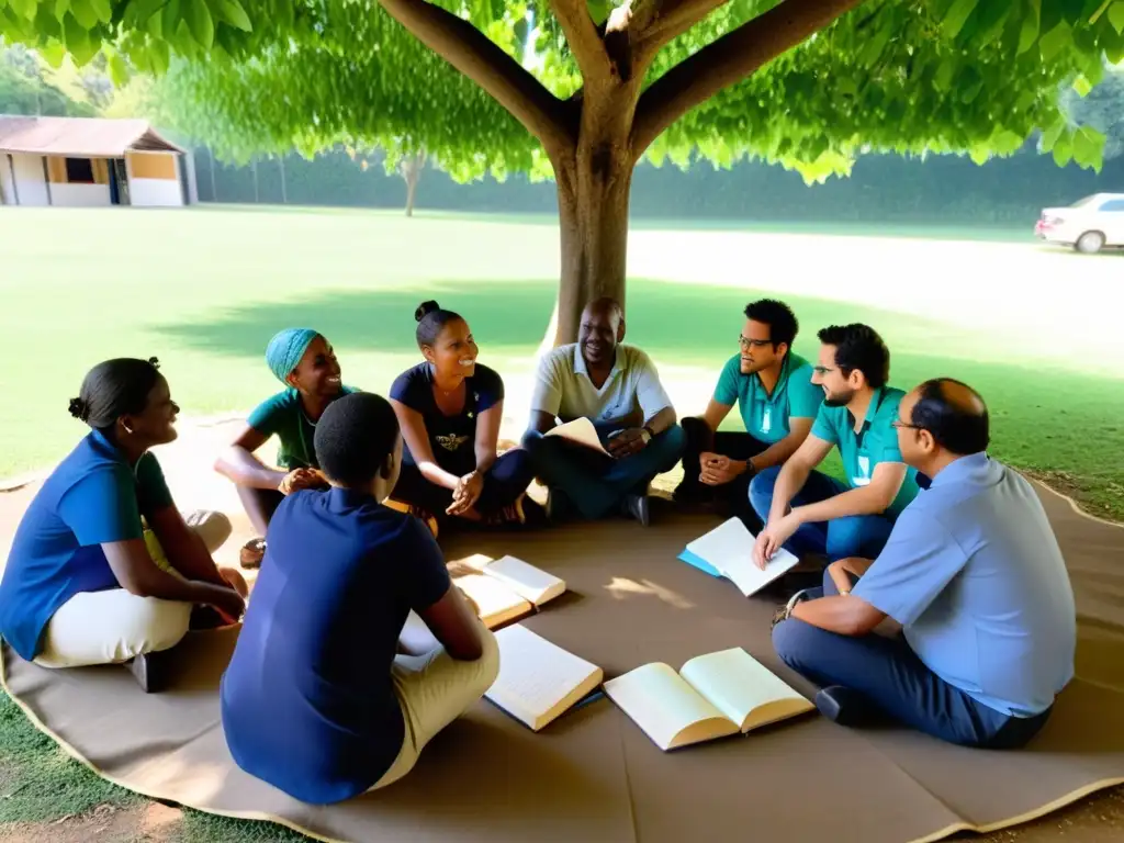 Grupo de voluntarios y miembros de la comunidad intercambiando conocimientos bajo un árbol