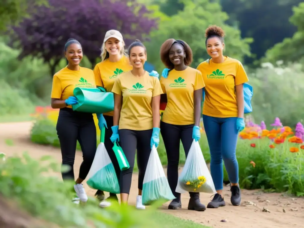 Un grupo de voluntarios y miembros de la comunidad trabajando juntos para limpiar un parque local, con un ambiente vibrante y colorido