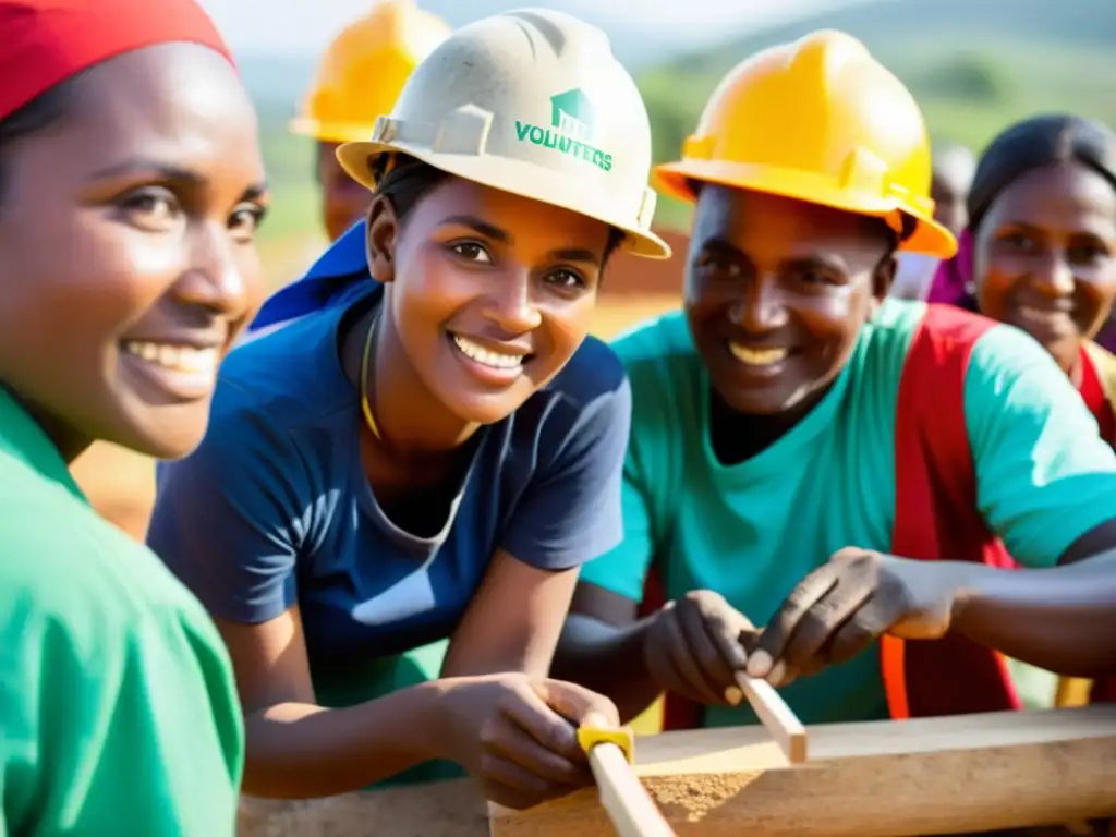 Grupo de voluntarios y miembros de la comunidad construyendo una escuela en un pueblo rural