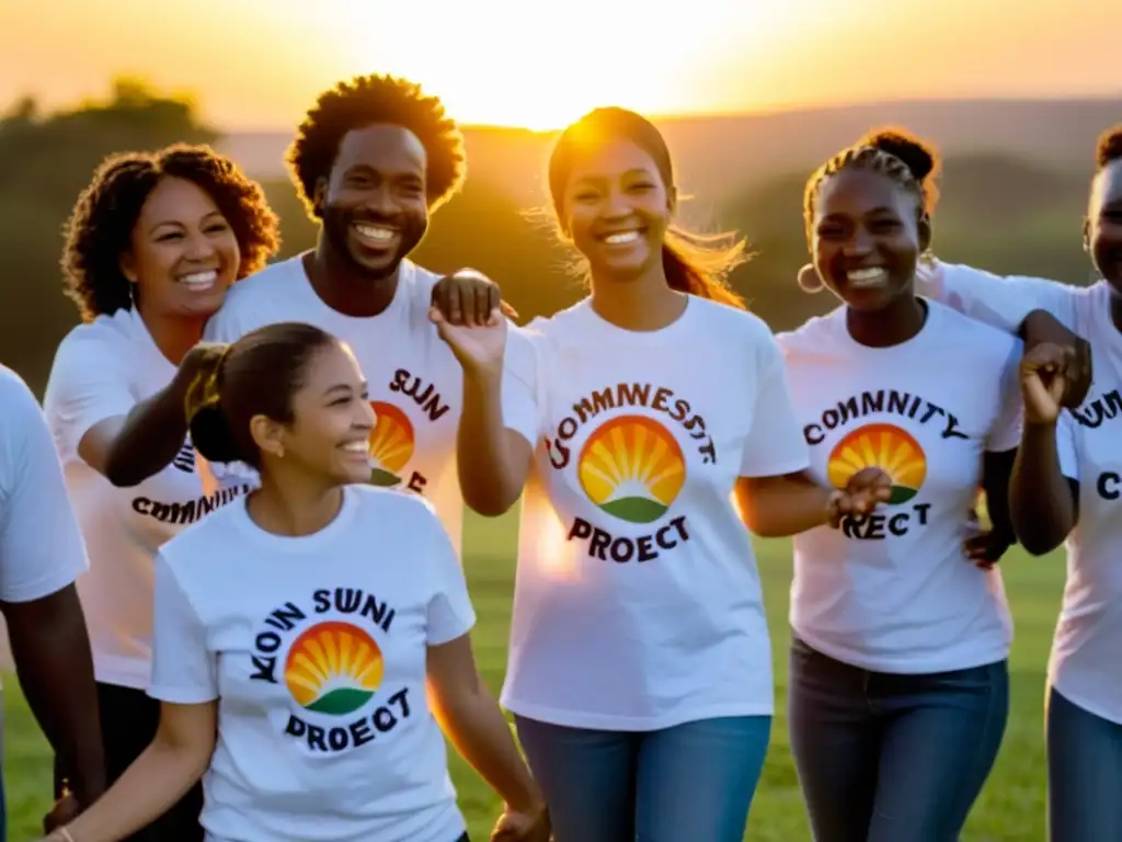 Grupo de voluntarios y miembros de la comunidad celebran el éxito de un proyecto comunitario al atardecer