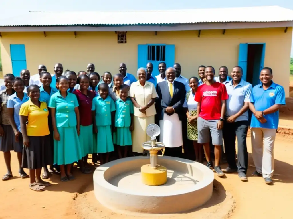 Grupo de voluntarios y miembros de la comunidad celebrando la finalización de un proyecto sostenible, irradiando esperanza y logros