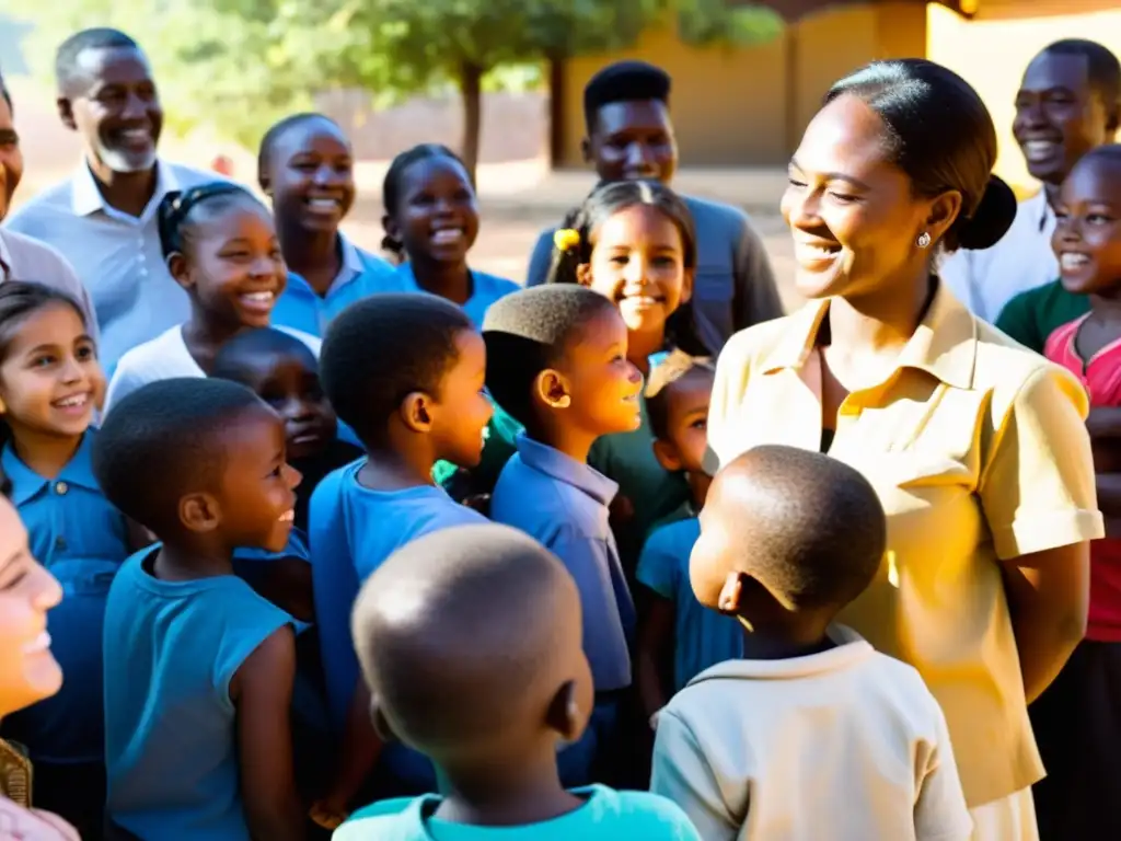 Un grupo de voluntarios y miembros de la comunidad participan en una actividad educativa al aire libre con niños