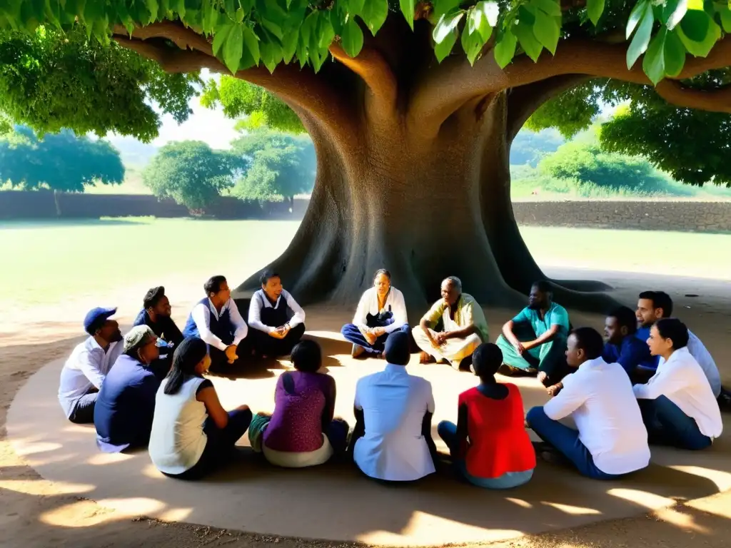 Un grupo de voluntarios y miembros de la comunidad local participando en una animada discusión bajo un árbol