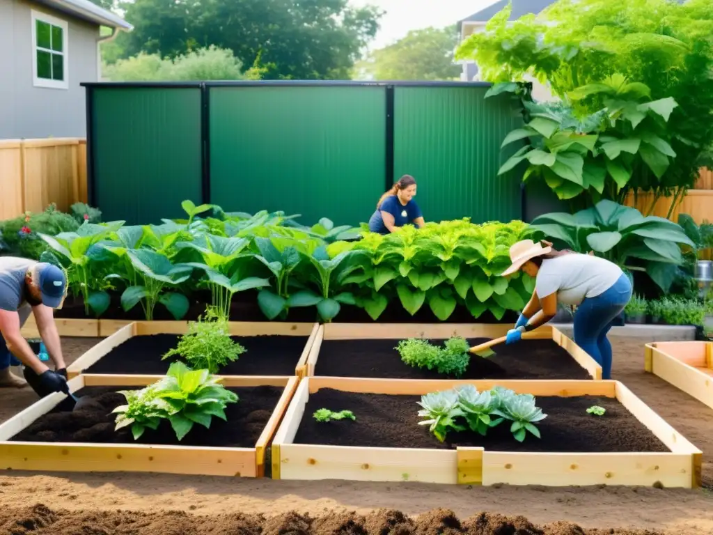 Un grupo de voluntarios y miembros de la comunidad trabajando juntos para construir un jardín sostenible en una organización sin ánimo de lucro