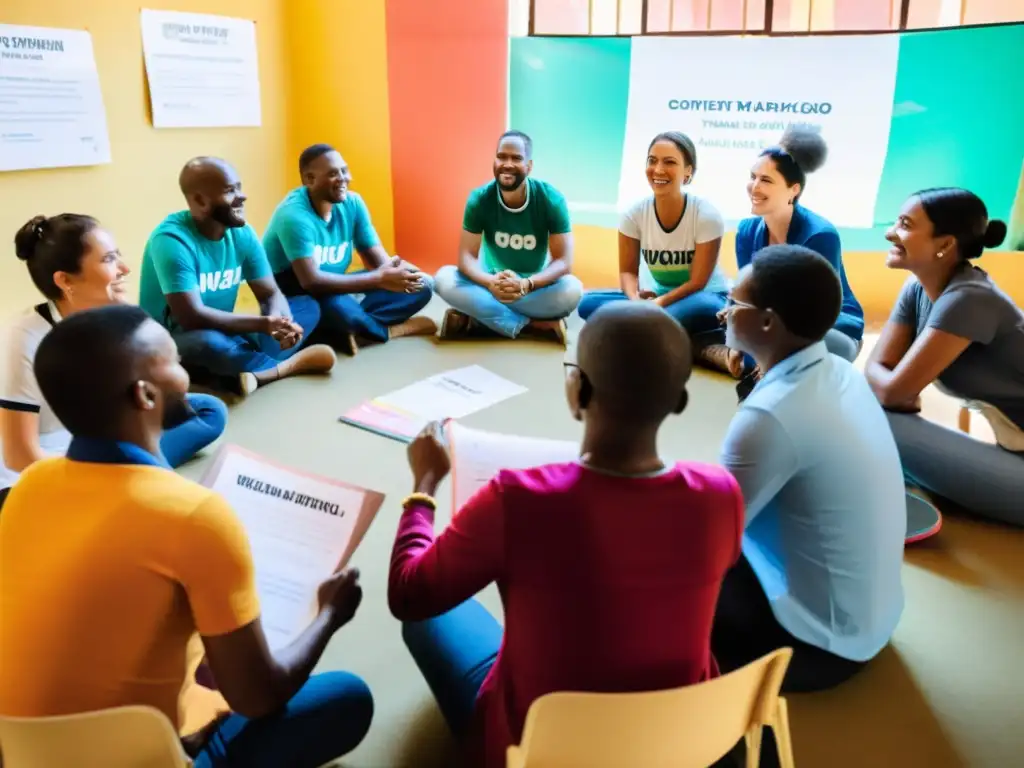 Grupo de voluntarios y miembros de la comunidad discuten ideas para campaña de marketing de contenidos para ONG, con entusiasmo y determinación