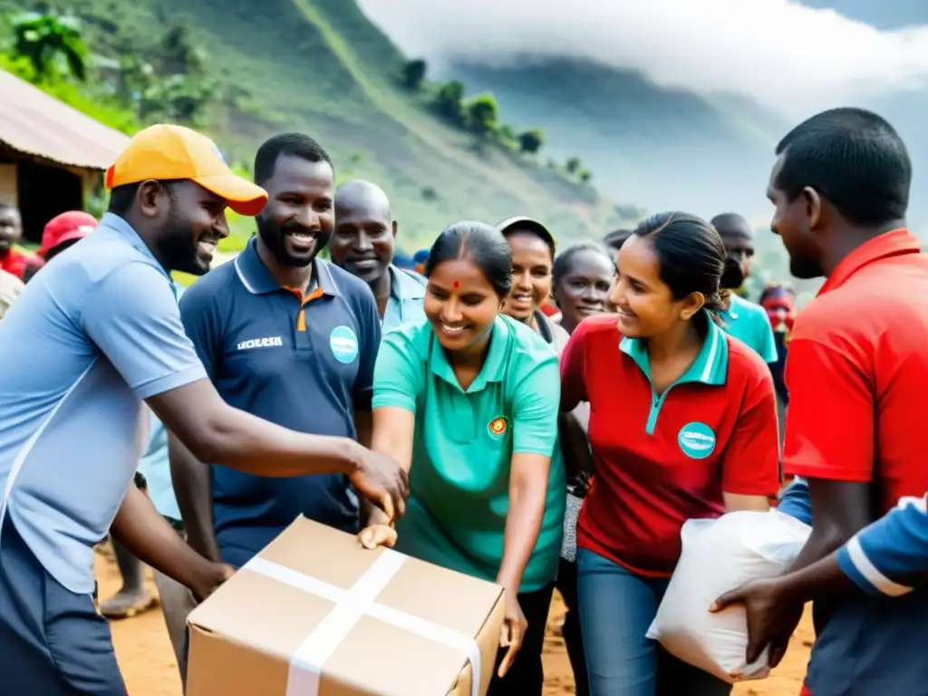 Un grupo de voluntarios y miembros de una ONG trabajando juntos para mantener operatividad, distribuyendo ayuda a una comunidad necesitada