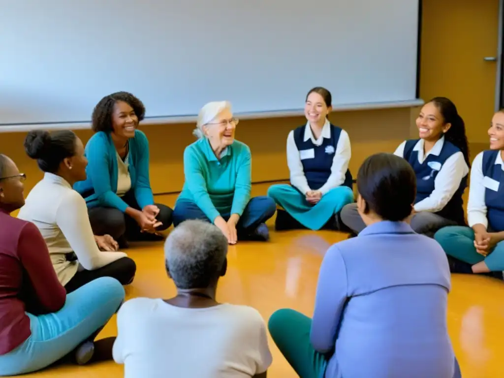 Grupo de voluntarios escuchando atentamente a una narradora en el centro comunitario, inspirados por el poder del storytelling para ONGs y donantes