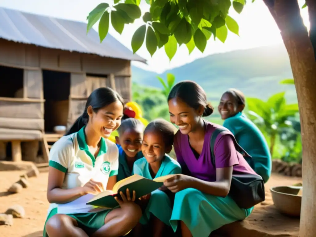 Un grupo de voluntarios y una niña sonrientes comparten un libro en una aldea remota, rodeados de naturaleza y casas coloridas